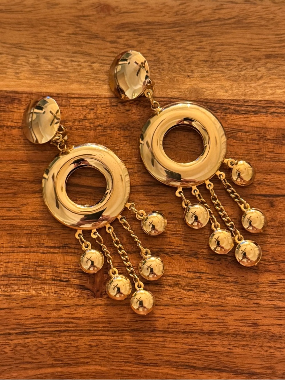 Gold Tone Circular Dangle Vintage Earrings with Chain Tassels
